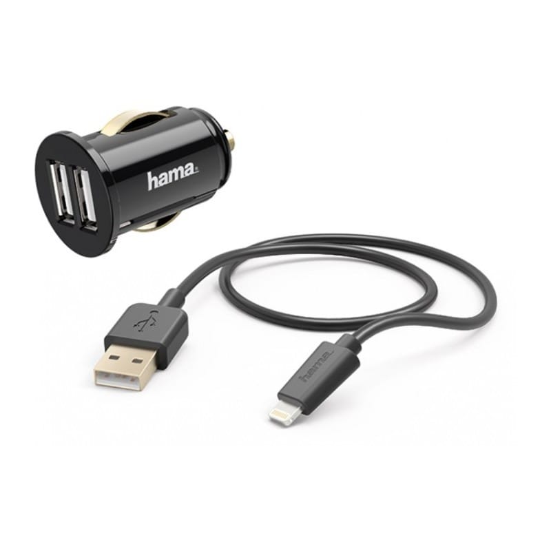 Carregador USB-A Dual 2A De Isqueiro Para Carro Com Cabo i-Phone HAMA