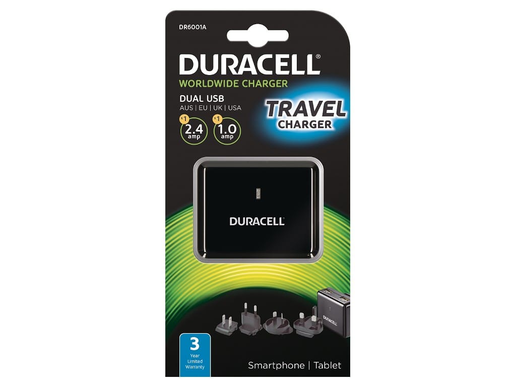 CARREGADOR USB-A 2.4A+1A p/VIAGEM MULTI FICHA DURACELL