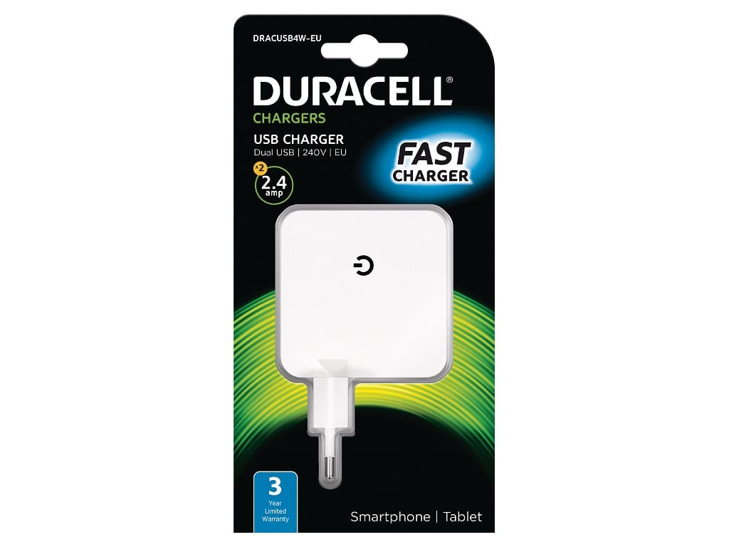 CARREGADOR USB-A 2×2.4A COR BRANCA DURACELL